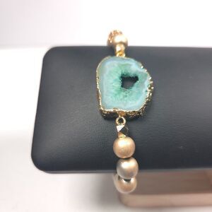 Erimish Beaded Stretch Bracelet Turquoise Geode Gold Tone Boho